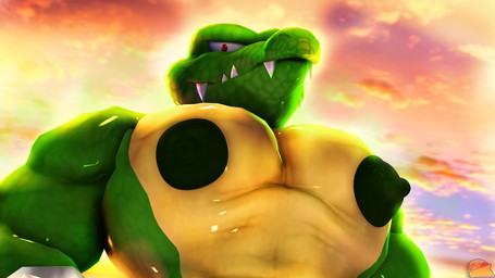 anthro anthrofied backlighting big_muscles big_nipples big_pecs erect_nipples glistening glistening_body green_body green_nipples light low-angle_view male multicolored_body muscular nipples pecs red_eyes solo sunset thick_arms two_tone_body moonwulf donkey_kong_(series) nintendo crocodilian kremling kritter_(kremling) reptile scalie 16:9 2025 3d_(artwork) 4k absurd_res digital_media_(artwork) hi_res lighting source_filmmaker_(artwork) watermark widescreen