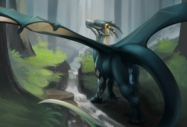 animal_genitalia blue_body blue_claws blue_horn blue_knot blue_penis blue_scales butt claws detailed_background erection feral forest forest_background genital_slit genitals horn jewelry knot male membrane_(anatomy) membranous_wings nature nature_background penis plant scales solo tree wings shiaz mythology dragon mythological_creature mythological_scalie scalie hi_res