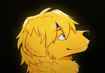 accessory ambiguous_gender black_background black_nose blonde_eyebrows blonde_hair blue_eyes blue_headband cheek_tuft closed_smile eyebrows facial_tuft floppy_ears fur glistening glistening_eyes hair headband mouth_closed neck_tuft side_view simple_background smile solo tuft unsigned yellow_body yellow_fur asnnonaka k-nine_(asnnonaka) canid mammal headshot_portrait portrait