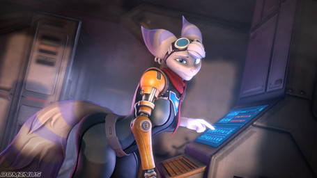 anthro blue_eyes bodysuit breasts clothing computer cybernetic_arm cybernetic_limb cybernetics ear_piercing ear_ring electronics eyewear eyewear_on_head female fluffy fluffy_tail fur goggles goggles_on_head hair looking_at_viewer machine medium_breasts piercing pink_nose purple_stripes ring_piercing skinsuit solo spacecraft striped_body striped_fur stripes tail tight_clothing vehicle white_body white_fur white_hair conditional_dnp domi3d warfaremachine_(modeler) ratchet_and_clank sony_corporation sony_interactive_entertainment rivet_(ratchet_and_clank) warfare_rivet lombax mammal 16:9 3d_(artwork) digital_media_(artwork) hi_res source_filmmaker_(artwork) widescreen
