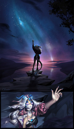 5_fingers anthro breasts clothed clothing detailed_background eyebrows eyelashes female fingers hair horn multiple_angles night outside sky smile solo standing star starry_sky eruca species_request 2021 character_request digital_media_(artwork) digital_painting_(artwork) hi_res painting_(artwork)
