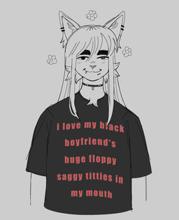 :3 anthro black_choker black_clothing black_jewelry black_necklace black_shirt black_t-shirt black_topwear blush blush_lines cat_nose cat_smile cheek_tuft chest_tuft choker closed_smile clothing dull_eyes ear_piercing explicit_text eyebrows facial_piercing facial_tuft female female_anthro flower_symbol grey_background hair happy helix_piercing humor inner_ear_fluff jewelry lip_piercing lip_ring long_hair monolid mouth_closed necklace orange_text piercing pointy_ears prick_ears ring_piercing shirt shitpost short_sleeves silly simple_background smile solo t-shirt text text_on_clothing thick_eyebrows topwear tuft wolfertinger hitomi_(wolfertinger) bobtail_cat domestic_cat felid feline felis japanese_bobtail mammal 2026 english_text half-length_portrait hi_res meme partially_colored portrait trans_(lore) trans_woman_(lore)