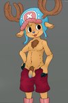 anthro antlers aroused balls bed black_eyes blep blue_nose blue_penis blush blush_lines bottomwear brown_body brown_fur butt clothed clothing ears_through_headwear erection footwear foreskin fur furniture genitals grey_background headgear headwear hooves horn male navel penis presenting presenting_penis shirtless shirtless_anthro shirtless_male shorts simple_background solo tongue tongue_out conditional_dnp pawsta one_piece tony_tony_chopper deer mammal absurd_res hi_res