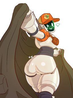 bag blush butt clothing female hat headgear headwear heart_symbol machine not_furry one_eye_closed screen screen_face simple_background smile solo white_background white_body wink peppergiz brawlhalla seven_(brawlhalla) humanoid robot robot_humanoid