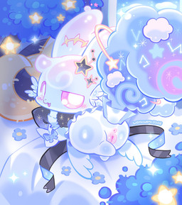 accessory anthro anus bed bed_sheet bedding bedroom_eyes black_ribbon black_sleeves blue_body blue_bow blue_flower blue_text blush bow_tie chibi clothing cloud complex_markings constellation constellation_markings detailed_background female flower furniture genitals looking_at_viewer looking_back moon multicolored_tail narrowed_eyes on_bed open_mouth pattern_clothing pillow pink_anus pink_eyes pink_vulva plant ribbons seductive sleeves solo sparkles star tail text vulva waruwaru0205 slime-chan_(waruwaru0205) colored detailed digital_drawing_(artwork) digital_media_(artwork) hi_res pastel_theme signature