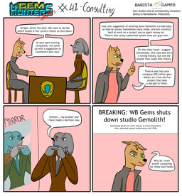 anthro chair clothing desk dialogue duo furniture jacket male mirror sitting suit table text topwear baristagamerproductions alfonso_(gem_hunters) background_character canid canine canis dingo lagomorph leporid mammal rabbit absurd_res comic english_text hi_res