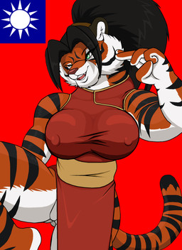 accessory asian_clothing big_breasts black_hair breasts chinese_clothing chinese_dress clothing dress east_asian_clothing fangs female flag flag_background fur genitals green_eyes hair hair_accessory long_hair nipple_outline orange_body orange_fur republic_of_china solo stripes teeth tongue vulva white_body white_fur world_war_2 droll3 fang_hua_(droll3) felid mammal pantherine tiger 2013 colored digital_drawing_(artwork) digital_media_(artwork) hi_res shaded