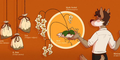 animal_skull anthro bag belt black_bottomwear black_clothing black_pants bone bottomwear brown_body brown_fur brown_hair clothing collared_shirt eyewear flower fur gardening glasses hair half-closed_eyes looking_at_viewer looking_back male male_anthro narrowed_eyes neutral_expression ominous orchid_(flower) pants plant rear_view red_eyes rope scissors shirt skull solo standing tan_body tan_fur text topwear white_clothing white_shirt white_topwear nardodraws leo_(nardodraws) canid canine canis mammal wolf 2026 english_text hi_res latin_text