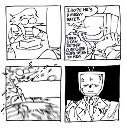antennae_(anatomy) blurred_foreground blush clothed clothing dialogue duo eating eating_food electronics for_a_head furniture gloves grin hair handwear head_on_hand knife long_nose male messy necktie not_furry open_mouth screen screen_face sitting smile suit_jacket table television text thought_bubble 666killchopde1u deltarune undertale_(series) spamton_g._spamton tenna_(deltarune) addison_(deltarune) darkner humanoid object_head screen_head tv_head 2025 black_and_white comic digital_media_(artwork) english_text hi_res monochrome