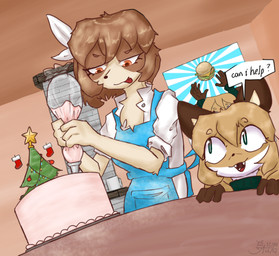 4_fingers 5_fingers accessory anthro apron baker big_ears big_eyes biped black_nose blue_apron blue_clothing bottle breasts brown_body brown_ears brown_fur brown_hair burger cake chimney christmas_decorations christmas_lights christmas_ornament christmas_stocking christmas_tree clothing collared_shirt container cooking decorating dessert detailed_background duo eyebrow_through_hair eyebrows eyelashes fangs female fingers fluffy fluffy_chest food fur green_clothing green_eyes green_sweater green_topwear hair hair_accessory hair_ribbon holding_object holding_table holidays inside looking_at_another looking_at_food looking_at_object multicolored_body multicolored_fur neck_tuft open_mouth orange_body orange_eyes orange_fur ornament plant poster question question_mark ribbons shirt small_nose speech_bubble squeezing standing strawberry_cake sweater teeth text tongue tongue_out topwear translucent translucent_hair tree tuft two_tone_body two_tone_fur wall_(structure) white_body white_clothing white_fur white_ribbon white_sclera white_shirt white_topwear aurum79 conditional_dnp christmas averi_(fiddleafox) elka_(fiddleafox) bird_dog canid canine canis cavalier_king_charles_spaniel domestic_dog fox hunting_dog mammal red_fox spaniel toy_dog true_fox 2025 dated digital_drawing_(artwork) digital_media_(artwork) english_text shaded signature watermark