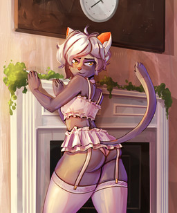 against_surface against_wall amber_eyes anthro arm_support biped bottomwear butt clock clothing eyebrows eyelashes female fireplace fur garter_belt garter_straps grey_body grey_fur hair inside legwear looking_at_viewer looking_back looking_back_at_viewer panties pink_inner_ear pink_nose rear_view solo thigh_highs topwear underwear white_bottomwear white_clothing white_hair white_legwear white_panties white_thigh_highs white_topwear white_underwear kbart domestic_cat felid feline felis mammal 2023 digital_media_(artwork) hi_res shaded