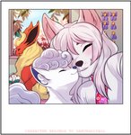 anthro black_nose blue_nose border detailed_background eyes_closed female feral fur group hair orange_body pink_hair ribbons white_body white_border white_fur white_hair window yellow_body yellow_fur katibara nintendo pokemon sakura_d._lyall alolan_form alolan_vulpix canid canine canis eeveelution flareon fox generation_1_pokemon generation_7_pokemon hybrid mammal pokemon_(species) regional_form_(pokemon) wolf digital_media_(artwork) hi_res shaded