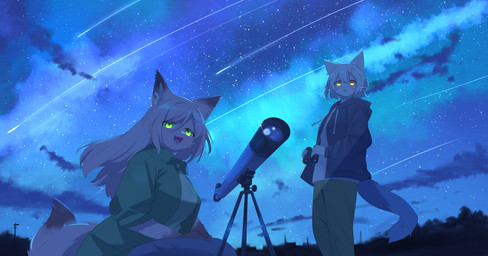 accessory anthro blush camera clothing cloud duo female glowing glowing_eyes green_eyes hair hair_accessory hairclip happy jacket long_hair night shooting_star short_hair star stargazing tail telescope topwear yellow_eyes mametunu canid canine canis domestic_cat felid feline felis mammal wolf 2025 absurd_res digital_drawing_(artwork) digital_media_(artwork) hi_res