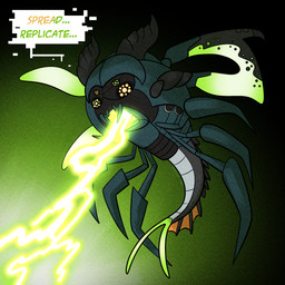 ambiguous_gender corruption dialogue horn laser_beam simple_background solo tail text transformation wings trevor-fox mythology cybug dragon mythological_creature mythological_scalie scalie 1:1 digital_media_(artwork) english_text hi_res shaded