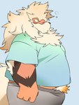 anthro anthrofied belly black_nose bottomwear clothing eyes_closed kemono male overweight overweight_male shorts simple_background solo inunoshippo nintendo pokemon arcanine generation_1_pokemon pokemon_(species) 2024 3:4 hi_res