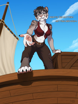 4_toes 5_fingers anthro anthrofied arm_markings arm_tuft bangs barefoot belt belt_buckle biped black_claws black_hair blue_eyes blue_pupils blue_sky boat bottomwear box bra breasts brown_belt brown_bottomwear brown_clothing brown_pants buckle cheek_markings cheek_tuft chest_tuft claws cleavage clothed clothed_anthro clothed_female clothing cloud container countershade_breasts countershade_face countershade_fur countershade_hands countershade_neck countershade_torso countershading day dialogue ear_piercing eyebrows eyelashes facial_markings facial_tuft fangs feet female female_anthro finger_claws fingerpads fingers front_view fur fur_markings fur_tuft grey_body grey_ears grey_eyebrows grey_fur grey_markings grey_stripes grey_tuft grin grinning_at_viewer hair hair_between_eyes head_markings humanoid_hands inner_ear_fluff inviting_viewer iris leaning leaning_forward looking_at_viewer markings medium_breasts midriff monotone_bottomwear monotone_bra monotone_clothing monotone_hair monotone_pants monotone_underwear multicolored_body multicolored_fur navel offering_hand on_boat pants pawpads piercing pink_inner_ear pink_nose pink_pawpads pupils question reaching reaching_towards_viewer red_bra red_clothing red_underwear sabertooth_(anatomy) shadow ship shirtless shirtless_anthro shirtless_female short_hair shoulder_markings shoulder_tuft sky smile smiling_at_viewer solo standing striped_markings stripes talking_to_viewer teeth text tilde_after_text toe_claws toeless_(marking) toes torn_bottomwear torn_clothing torn_pants tuft underwear vehicle watercraft white_body white_breasts white_countershading white_fingers white_fur white_inner_ear_fluff white_sclera white_text white_toes white_tuft wood wooden_box uwuwateru blue_sky_studios ice_age_(series) shira_(ice_age) felid mammal prehistoric_species saber-toothed_tiger absurd_res english_text full-length_portrait hi_res portrait shaded