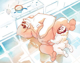 anthro anthro_on_anthro anthro_penetrated anthro_penetrating anthro_penetrating_anthro beard bodily_fluids cum cum_on_ground duo erection eyewear facial_hair fangs fur genital_fluids genitals glasses humanoid_genitalia humanoid_penis kitchen kneeling larger_penetrated larger_sub lying male male/male male_penetrated male_penetrating male_penetrating_male moobs nude obese obese_anthro obese_male obscured_penetration on_side open_mouth open_smile orange_body orange_fur overweight overweight_anthro overweight_male penetration penis sex size_difference smile spread_legs spreading submissive tail teeth white_body white_fur white_tail chocolateandmilk bear mammal hi_res