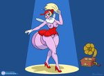 antennae_(anatomy) anthro blonde_hair blue_background clothing dancing dress eyelashes female footwear gloves gramophone green_eyes hair handwear hat headgear headwear high_heels lips music navel nude purple_body purple_skin reddress shoes simple_background solo spotlight thick_lips toony translucent translucent_clothing wings blueumbra cuphead_(game) light_bug_(cuphead) arthropod beetle elateroid firefly humanoid insect signature watermark