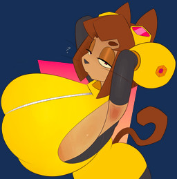 anthro big_breasts breasts brown_hair clothing female hair huge_breasts looking_at_viewer narrowed_eyes question_mark raised_arm red_eyes shirt solo tan_body topwear whiskers ota_(artist) gameoverse glitch_productions kit_bodega domestic_cat felid feline felis mammal absurd_res alpha_channel hi_res