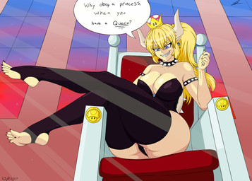 armlet big_breasts big_butt blonde_hair blue_eyes breasts butt chair claws cleavage clothed clothing collar crown female furniture hair headgear horn legwear leotard lounging low-angle_view sitting smile solo speech_bubble stockings sunset super_crown text thick_thighs throne jeffthehusky bowsette_meme mario_bros nintendo bowser animal_humanoid humanoid koopa_humanoid scalie scalie_humanoid absurd_res hi_res meme