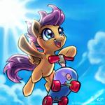 action_pose cloud detailed_background feathered_wings feathers female feral fur hair happy orange_body orange_feathers orange_fur outside pose purple_eyes purple_hair scenery scooter short_hair sky smile solo standing wings young karol_pawlinski friendship_is_magic hasbro my_little_pony mythology scootaloo_(mlp) equid equine mammal mythological_creature mythological_equine pegasus 1:1 2014