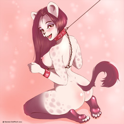 anthro bound breasts butt chain chained collar collar_only cuff_(restraint) cuffs_to_collar feet female hindpaw kneeling leash looking_at_viewer looking_back nude open_mouth open_smile pawpads paws restrained restraints shackles sitting slave smile solo submissive submissive_anthro submissive_female davenachaffinch canid canine canis domestic_dog mammal 1:1 2022 hi_res