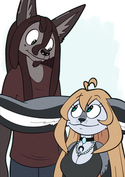 anthro black_coded blonde_hair brown_body brown_fur brown_hair dreadlocks duo female fur green_eyes grey_body grey_fur hair jewelry long_hair male necklace smile smiling_at_another smiling_at_each_other trevor-fox canid canine canis felid feline jackal mammal pantherine snow_leopard hi_res