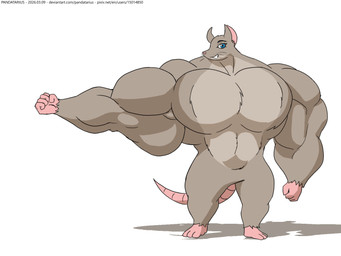 5_fingers anthro biceps big_breasts big_muscles black_eyebrows blue_eyes breasts deltoids eyebrows featureless_breasts featureless_crotch feet female fingers fist flexing flexing_bicep fur grey_body grey_fur huge_breasts huge_muscles hyper lidded_eyes looking_at_viewer multicolored_body multicolored_fur muscular muscular_anthro muscular_arms muscular_female nude nude_anthro nude_female pink_feet pink_hands pink_inner_ear pink_nose pink_tail simple_background smile smiling_at_viewer solo standing tail text thick_thighs trapezius triceps whiskers white_background pandatarius rat_girl_(pandatarius) mammal murid murine rat rodent 2026 2d_animation 4:3 animated artist_name cel_shading colored dated digital_media_(artwork) english_description shaded url