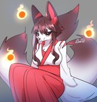 4_fingers anthro asian_clothing big_breasts blush breasts brown_hair cleavage clothed clothing ear_tuft east_asian_clothing female female_anthro fingers fluffy fluffy_tail fully_clothed fur gradient_background grey_background hair japanese_clothing kemono kimono long_hair looking_at_viewer multi_tail orange_eyes simple_background sitting snout solo tail tuft white_body white_fur nachiwanko canid canine fox mammal spirit 2021 hi_res