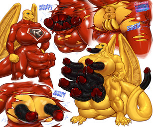 10_penises 2_anuses 2_vulvas 4_balls 4_penises anus balls big_balls big_penis breasts clothing dicknipples genital_growth genitals growth huge_balls huge_penis hyper hyper_balls hyper_genitalia hyper_muscle_growth intersex latex latex_clothing legwear membrane_(anatomy) membranous_wings multi_anus multi_balls multi_genitalia multi_penis multi_vulva penis penis_growth penis_tongue red_outfit tail tail_genitals tail_penis tights transformation transformation_sequence unusual_anatomy unusual_genitalia_placement unusual_penis_placement unusual_tail vulva wings yellow_body larru-larru mythology dragon mythological_creature mythological_scalie scalie 6:5 absurd_res hi_res