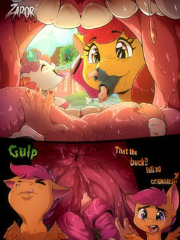 barefoot bodily_fluids feet female female/female feral first_person_view group oral_vore organs prey_pov reverse_mouth_shot saliva saliva_string stomach stomach_acid swallowed_alive swallowing taste_test teeth tongue vore zapor666 friendship_is_magic hasbro my_little_pony apple_bloom_(mlp) cutie_mark_crusaders_(mlp) scootaloo_(mlp) sweetie_belle_(mlp) fairy 3:4 absurd_res comic hi_res