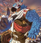 5_fingers amber_eyes anthro beak blue_body blue_feathers clothed clothing cloud detailed_background feather_hands feathers fingers looking_at_viewer male multicolored_body multicolored_feathers outside sky solo white_body white_feathers yellow_body yellow_feathers masabowser breath_of_the_wild nintendo the_legend_of_zelda kass_(tloz) avian rito 2017