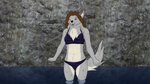 anthro barely_visible_genitalia barely_visible_pussy blush bottomwear clothed clothing detailed_background female fur genitals hair open_mouth outside oversized_clothing partially_submerged public pussy smile solo swimwear text water itroitnyah canid canine mammal 16:9 hi_res widescreen