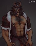 abs anthro arm_hair barazoku black_hair black_nipples body_hair brown_body brown_fur bulge cheek_tuft chest_hair clothed clothing detailed_bulge erection erection_under_clothing facial_piercing facial_tuft fangs front_view fur hair happy_trail male multiple_piercings muscular muscular_anthro muscular_male navel neck_tuft nipple_piercing nipples nose_piercing open_clothing open_mouth open_topwear orange_body orange_fur pecs piercing red_clothing red_topwear red_underwear septum_piercing short_hair simple_background solo standing teeth topwear tuft underwear acidwuff canid canine mammal hi_res portrait three-quarter_portrait