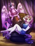 3:4 absurd_res anthro anthrofied blue_eyes breasts chair cleavage clothed clothing duo equid equine female fetlocks friendship_is_magic furniture hair hasbro hi_res hooves horn looking_at_viewer lupiarts mammal my_little_pony mythological_creature mythological_equine mythology purple_eyes purple_hair rarity_(mlp) sitting twilight_sparkle_(mlp) unicorn winged_unicorn wings