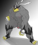 5:6 abs absurd_res anthro balls biceps black_body black_fur blush bodily_fluids deltoids flaccid foreskin fur generation_8_pokemon genital_fluids genitals hi_res humanoid_genitalia humanoid_hands humanoid_penis inuyama_kensin legendary_pokemon male mammal muscular muscular_anthro muscular_male navel nintendo nipples nude pecs penis pokemon pokemon_(species) precum simple_background single_strike_style_urshifu solo urshifu