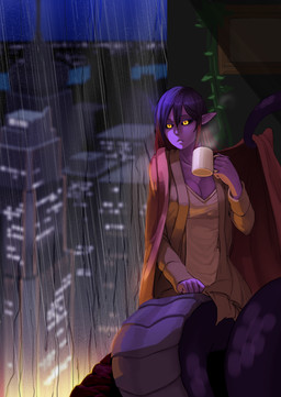 apode beverage black_sclera breasts city cityscape clothing container cup female humanoid_pointy_ears inside legless pointy_ears purple_body purple_skin raining serpentine shirt solo split_form topwear window yellow_eyes less_(artist) draconcopode humanoid lamia reptile scalie snake 2015 hi_res