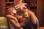 alcohol anthro antlers arm_around_shoulders beverage book cloak clothing drunk duo female flirting harassment hood horn male substance_intoxication tankard tavern hiverdose last_fables eni_siverets_(last_fables) deer hare lagomorph leporid mammal