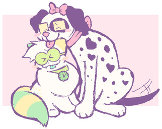 ambiguous_gender black_spots blush chibi clock collar duo eyewear female female/ambiguous feral floppy_ears glasses green_markings heart_(marking) interspecies love markings multicolored_tail pink_bow pink_nose rectangular_glasses round_glasses simple_background sitting size_difference slightly_chubby slightly_chubby_feral spots tail tail_motion tailwag teal_tongue tongue tongue_out white_body yellow_markings clockstops3am conditional_dnp canid canine canis dalmatian domestic_cat domestic_dog felid feline felis mammal hi_res