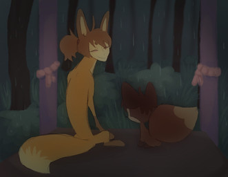 ambiguous_gender brown_hair detailed_background duo eyes_closed eyewear feral fur glasses hair human_faced_feral humanoid_face outside ponytail raining smile tan_body tan_fur yellow_body yellow_fur young young_feral clockstops3am conditional_dnp canid canine fox mammal 2022 digital_media_(artwork) hi_res