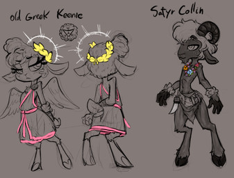 2_horns 4_fingers alternate_species alternate_universe ancient_greece anthro back_wings barefoot biped black_text bottomwear bracelet breasts clothed clothed_anthro clothed_female clothed_male clothing cloven_hooves curled_horn dress duo eyebrows feathered_wings feathers feet female female_anthro fingers flower flower_necklace freckled_face freckles fur furgonomics hair half-closed_eyes halo hands_behind_back hooves horn jewelry laurel_wreath loincloth looking_aside male male_anthro mouth_closed narrowed_eyes plant scut_tail short_hair short_tail small_breasts spread_wings tail text topless topless_anthro topless_male unguligrade wings wool_(fur) soulcentinel hellaverse helluva_boss collin_(helluva_boss) keenie_(helluva_boss) angel bovid caprine fey goat mammal satyr sheep 2025 english_text sketch spot_color story story_in_description