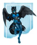 4_toes 5_fingers anthro black_body black_feathers black_fur black_nose blue_eyes breasts clothed clothing eyebrows eyelashes feathered_wings feathers feet female fingers fur midriff navel smile solo toes wings littlemomoko canid canine hybrid mammal 2021 digital_media_(artwork) hi_res