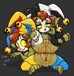5_fingers 5_toes anus areola ass_to_ass barefoot belly biped bodypaint breasts butt clothing clown clown_makeup duo face_paint feet female female_humanoid fingers fool's_hat freckled_arms freckled_belly freckled_breasts freckled_butt freckled_ears freckled_face freckled_shoulders freckles genitals glistening_eyelids green_body hat headgear headwear humanoid_feet humanoid_hands humanoid_pointy_ears jester looking_at_viewer looking_back mostly_nude mostly_nude_female mostly_nude_humanoid motion_lines nipples not_furry plantigrade pointy_ears presenting presenting_hindquarters pubes pupils sex simple_background smile soles stirrup_legwear thick_thighs toes vulva bonnytoad giggle_(bonnytoad) guffaw_(bonnytoad) goblin humanoid absurd_res hi_res