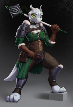 anthro armor barefoot breasts clothed clothing feet female gloves glowing glowing_eyes green_eyes handwear holding_object holding_weapon horn looking_at_viewer mace melee_weapon pupils simple_background slit_pupils small_breasts smile solo spaulder tail weapon yellow_sclera dep w4g4 urza_(the7thprimarch) kobold scalie absurd_res adobe_photoshop_(artwork) digital_media_(artwork) hi_res