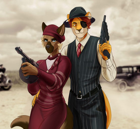 1920s_theme anthro blonde_hair blue_eyes brown_body brown_fur car clothed clothed_anthro clothed_female clothed_male clothing dress duo ears_through_headwear eye_patch eyewear female fluffy fluffy_tail fur gangster gun hair handgun holding_gun holding_object holding_ranged_weapon holding_weapon m1911 m1928_thompson male male/female pistol ranged_weapon red_clothing red_dress submachine_gun suit tail thompson_gun vehicle vintage_car weapon yellow_eyes cinnameana colt's_manufacturing_company ford ford_model_a dora_schutzhund garrett_(gamegod210) canid canine canis domestic_dog felid german_shepherd herding_dog lion mammal pantherine pastoral_dog 2025 hi_res story story_in_description