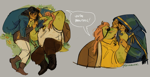 ambiguous_gender anthro blush bodily_fluids brown_hair clothing crying cuddling duo eye_patch eyewear hair interspecies male male/ambiguous robe shell tears elfilibust undertale undertale_(series) gerson intro_mage_(undertale) human mammal monster reptile scalie turtle 2025 digital_media_(artwork) hi_res