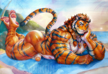 5_fingers 5_toes anthro areola balls barazoku beach beard biceps big_feet big_muscles big_pecs biped blue_towel braided_hair brown_hair butt claws closed_smile cloud countershade_arms countershade_butt countershade_face countershade_feet countershade_fur countershade_hands countershade_torso countershading deltoids eyebrows facial_hair fangs feet fingers fist foreskin fur genitals glans hair hand_on_chin huge_muscles humanoid_feet humanoid_genitalia humanoid_hands humanoid_penis inner_ear_fluff jewelry legs_up long_hair looking_at_viewer lying male male_anthro markings mouth_closed multicolored_body multicolored_fur muscular muscular_anthro muscular_arms muscular_male muscular_thighs necklace nipple_piercing nipple_ring nipples nude nude_anthro nude_male on_front on_towel orange_body orange_fur outdoor_nudity outside palm_tree pawpads pecs penis piercing pink_areola pink_glans pink_nipples pink_nose pink_pawpads plant plantigrade raised_tail retracted_foreskin ring_piercing sand side_view sky smile smiling_at_viewer solo striped_body striped_fur striped_markings striped_tail stripes sun tail tail_markings teeth text toe_claws toes towel trapezius tree triceps tuft water whisker_spots white_body white_claws white_countershading white_fur white_inner_ear_fluff white_toe_claws mrkun felid mammal pantherine tiger artist_name colored_pencil_(artwork) full-length_portrait hi_res painting_(artwork) portrait shaded signature traditional_media_(artwork) watercolor_(artwork) watermark