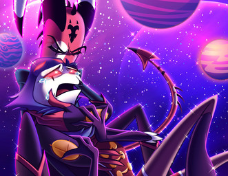 anthro bodily_fluids crying detailed_background duo eyes_closed fur grey_body grey_fur grey_hair hair horn looking_up lying male male/male on_back planet red_eyes sad short_hair sitting sky star starry_sky tears white_face midiroo hellaverse helluva_boss blitzo_(helluva_boss) stolas_(helluva_boss) avian avian_demon bird demon imp owl owl_demon absurd_res hi_res