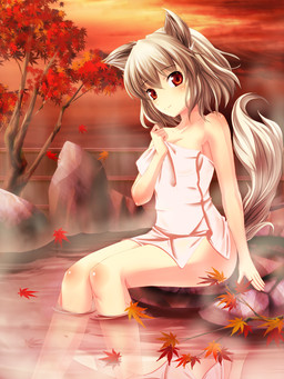 autumn bare_shoulders blush detailed_background falling_leaves female fence grey_hair hair hot_spring leaf looking_at_viewer maple_leaf plant red_eyes scenery short_hair sitting solo sunset tail towel towel_only tree water バグ touhou momiji_inubashiri animal_humanoid canid canid_humanoid canine canine_humanoid canis dog_humanoid domestic_dog humanoid mammal mammal_humanoid 3:4 hi_res