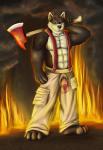 abs anthro athletic axe barefoot biceps big_muscles biped black_body black_fur black_hair black_nose blue_eyes bottomwear braces canid canine canis cargo_pants clothed clothing digital_media_(artwork) feet fire fire_axe firefighter front_view full-length_portrait fur genitals grey_body grey_fur grin hair half-erect hatchet humanoid_genitalia humanoid_penis looking_at_viewer male mammal melee_weapon muscular muscular_anthro muscular_male pants pecs penis penis_through_fly poking_out portrait pose presenting smile smoke solo standing suspenders topless turnout_gear uniform unknown_artist weapon wolf